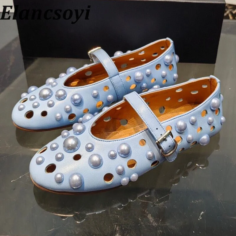 

Spring Round Toe Genuine Leather Luxury Pearl Decor Shallow Mouth Ballet Shoes Women Belt Buckle Hollow Out Flat Walking Shoes