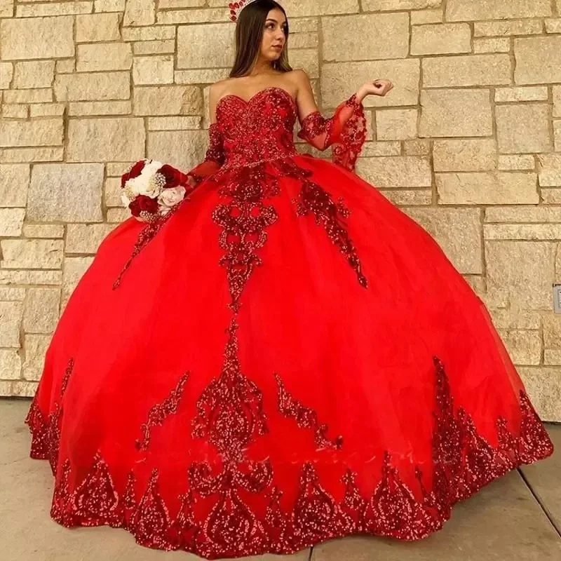 فساتين رومانسية حبيبته Quinceanera ، ثوب حفلة الأميرة ، أكمام قابلة للفصل ، مزخرفة ، فستان عيد ميلاد رسمي ، 15 عامًا