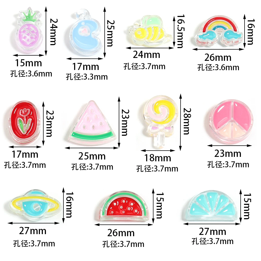 10pcs/lot Mixed Enamel Acrylic Beads Candy Color Heart Star Fruit Flower Beads For Bracelet Keychain DIY Jewelry Crafts Making