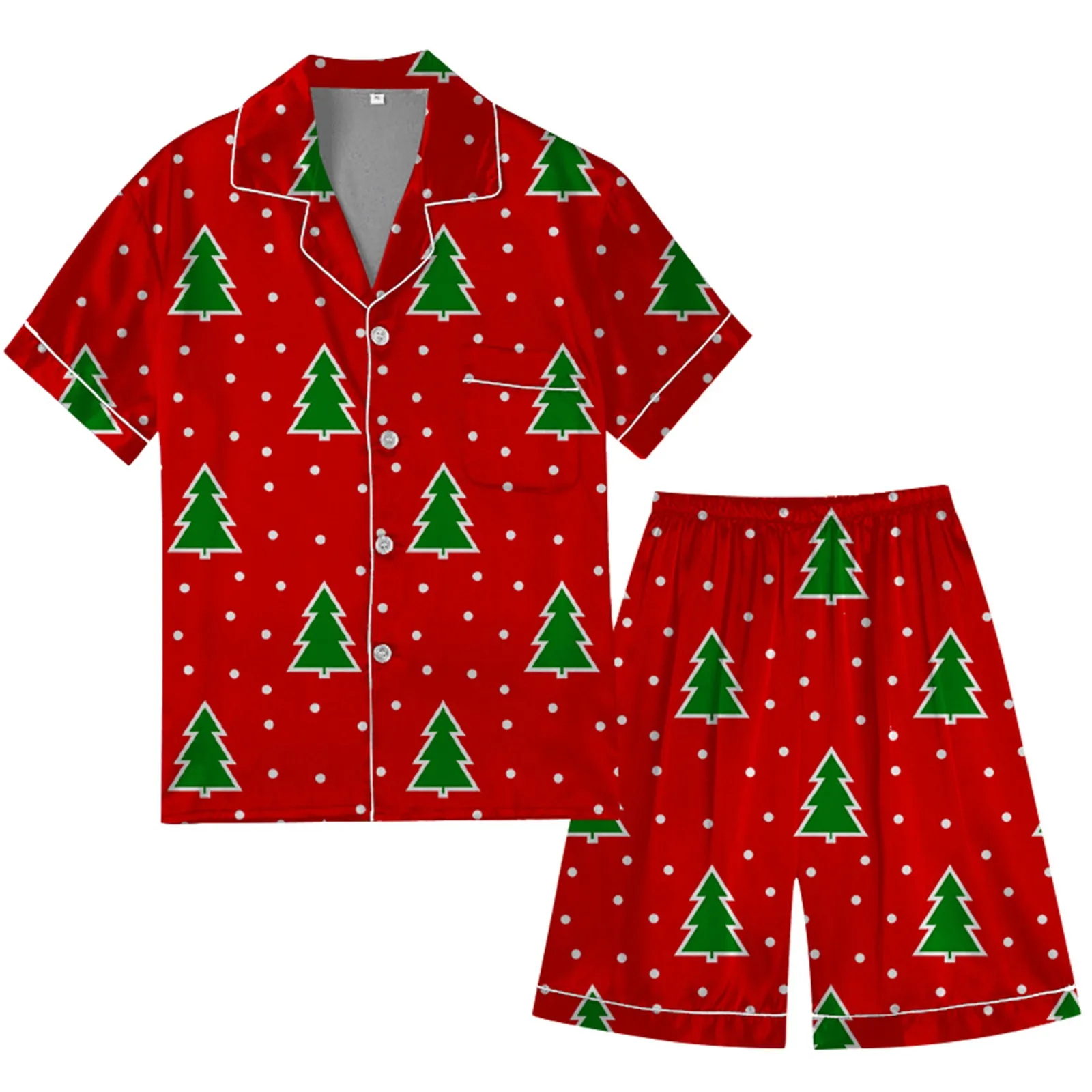 Satin Silk Men\'s Christmas 2 Piece Pajamas Set Short Sleeved Button Up Shirt And Shorts Set Christmas Tree Printed Short Suit