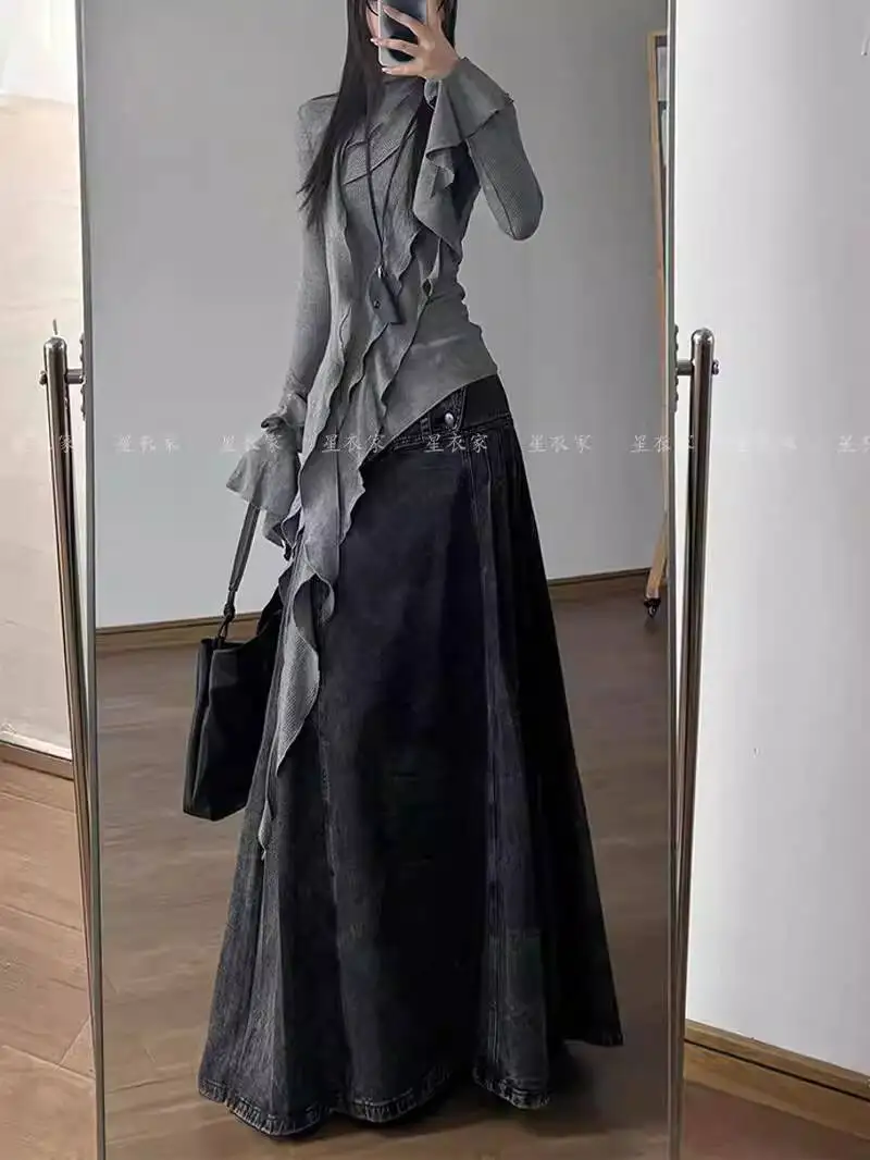 الرجعية الأمريكية حجم كبير غسلها الدنيم العمل تنورة المرأة الخريف الشتاء نمط جديد الألفية الساخن فتاة تنورة طويلة