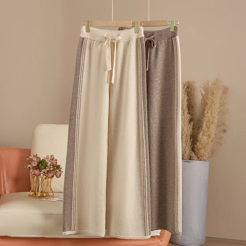 DjzDsm Women's 100% Merino Wool Wide Leg Pants Spring Autumn Golden Thread Elastic Waist Comfortable Fit Casual Trousers