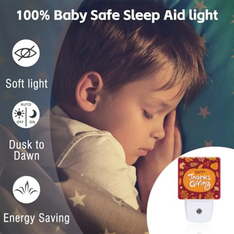 Happy Thanksgiving Night Light for,Autumn Fall Orange Pumpkin Maple Leaf Night Light Plug in with Dusk to Dawn Sensor, 0.5w Ene 5