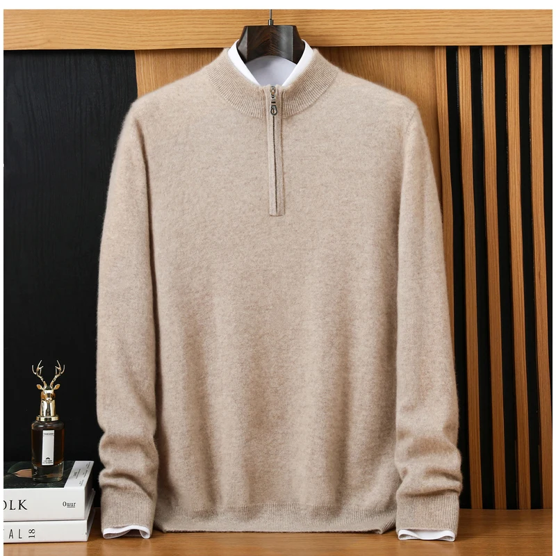 

Men's 100% Pure Cashmere Pullover Sweater Autumn/Winter Business Casual Solid Color Knitted Half Zipper High Collar Top