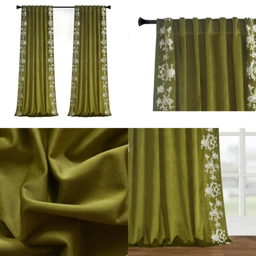 Elegant Olive Green Velvet Curtains with White Floral Embroidery, 52 Wide x 96 Long, Set of 2 for Home Decor