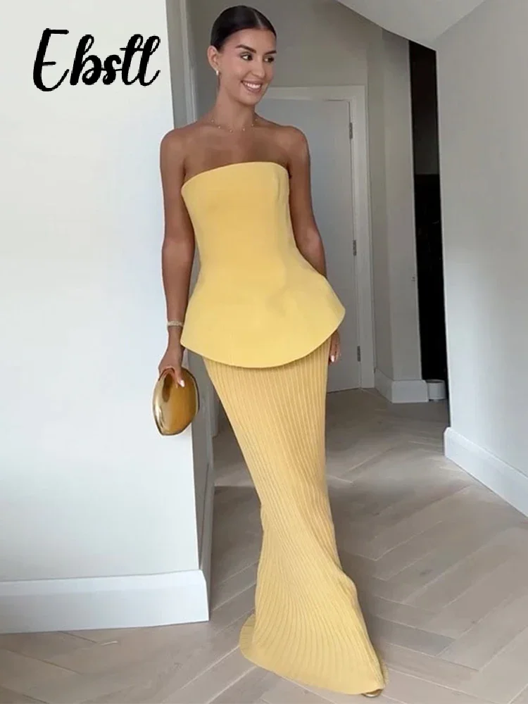 

Элегантный топ без бретелек, комплект юбок, женские тонкие топы без рукавов с открытой спиной, плиссированная юбка с высокой талией, весна 2024, новые женские однотонные наряды