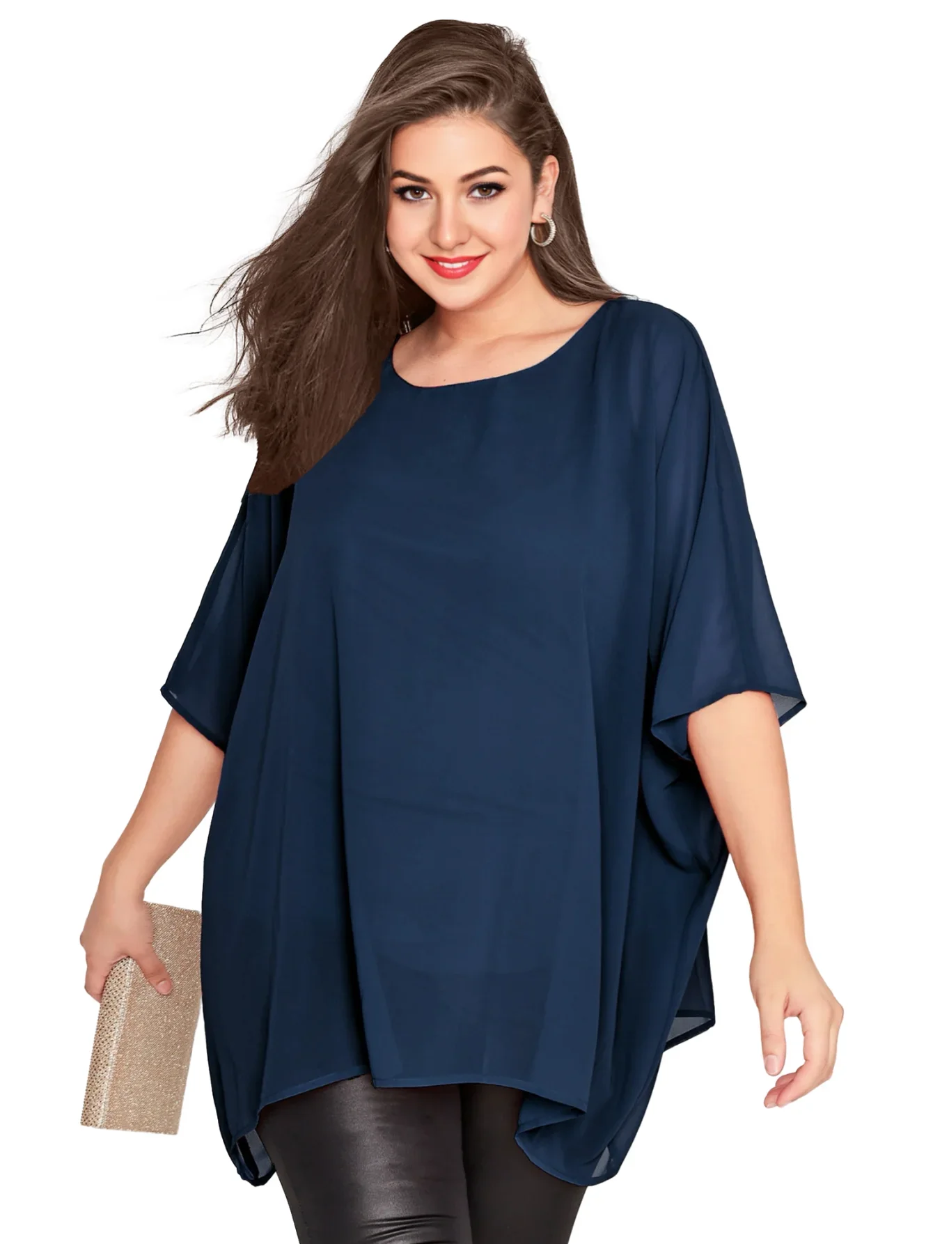 Womens Plus Size Elegant Summer Blouse Batwing Sleeve Oversized Chiffon Blouse Scoop Neck Large Size Casual Tunic Top Shirt 4XL