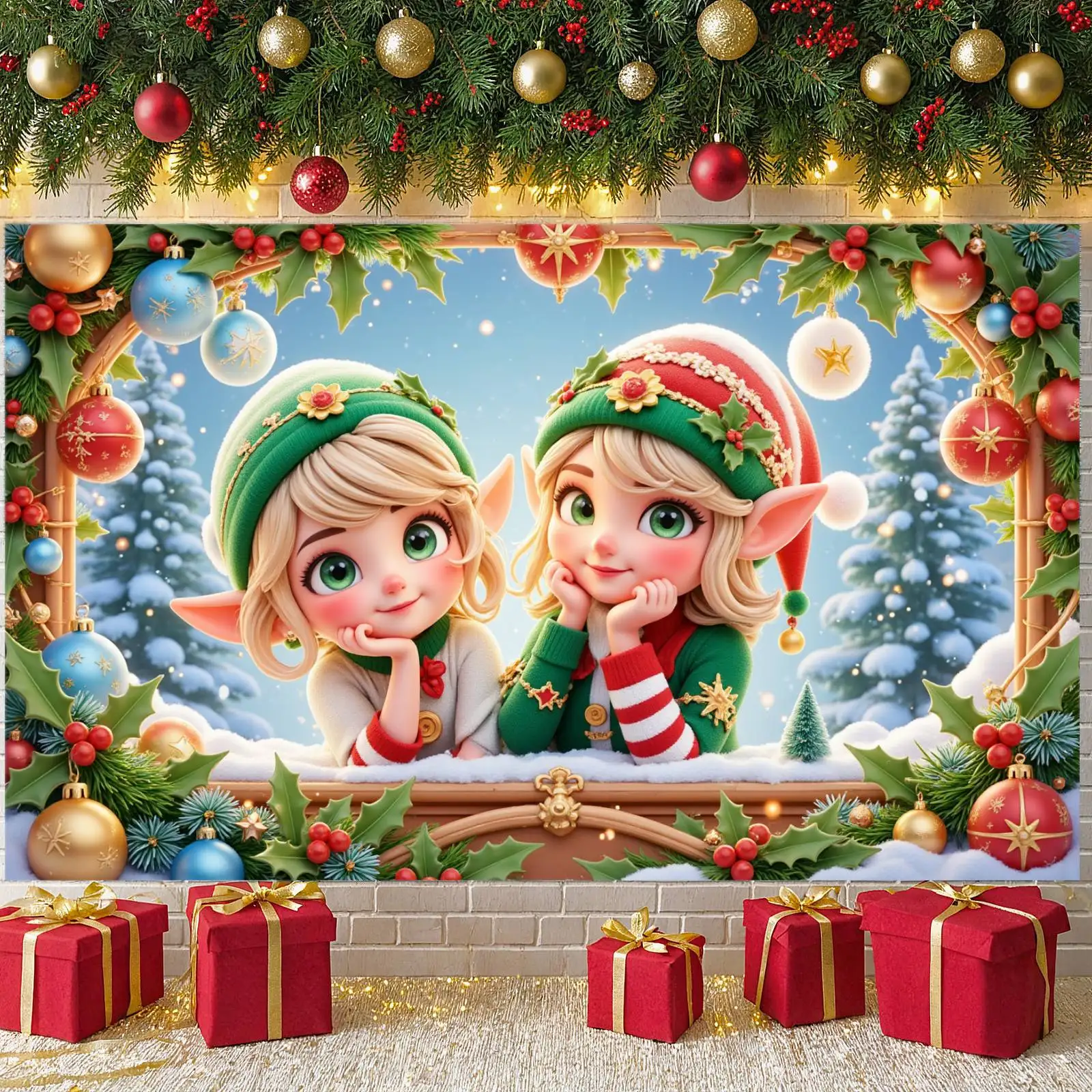 Banner natalizio Decorazioni di agrifoglio Banner da elfo Banner natalizio festivo per la festa di Natale Servizio fotografico natalizio Celebrazione natalizia