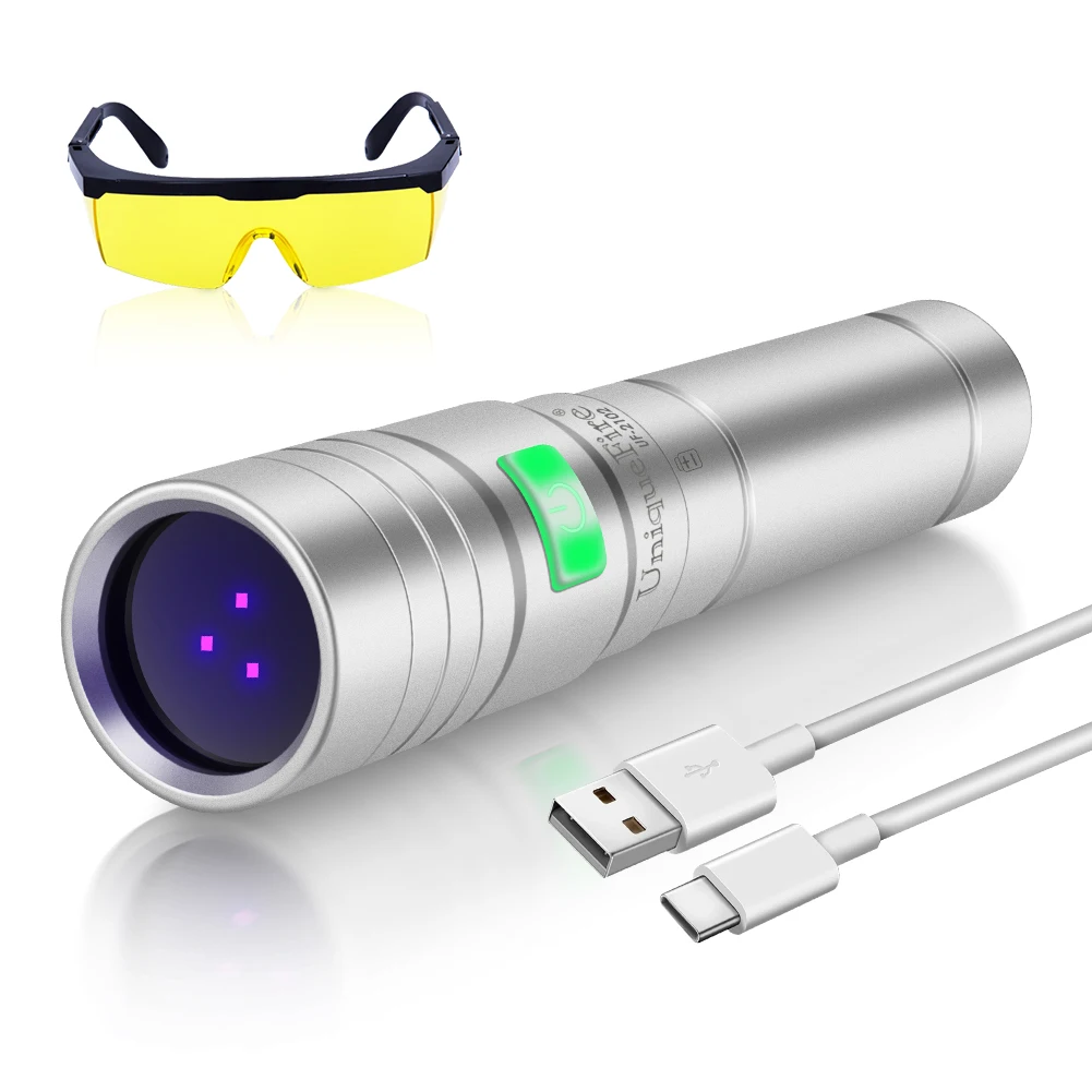 UniqueFire-linterna ultravioleta recargable con filtro, luz negra de 365NM, 10W, 3 LED, USB-C, Detector de orina de mascotas, curado de resina