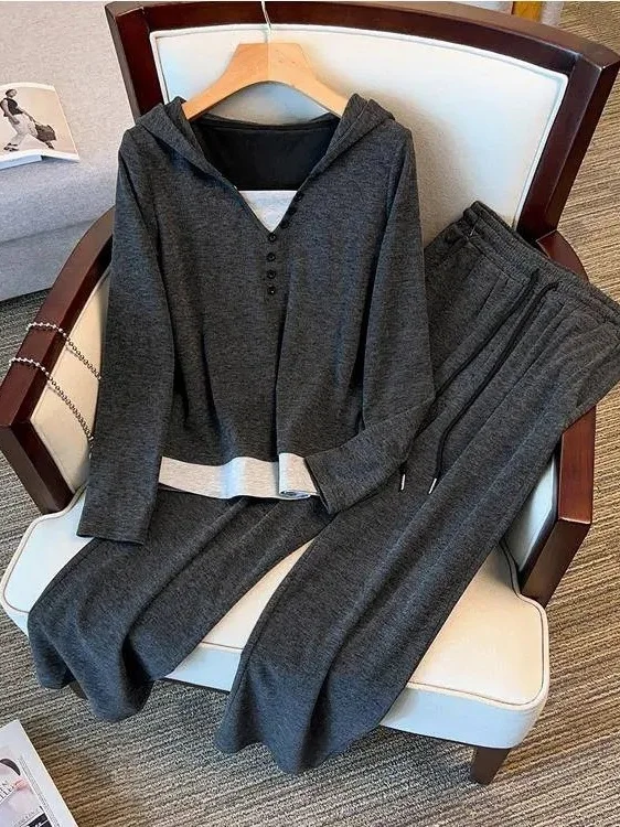 Casual Hooded Fake Two-Piece Sweatshirt Set Fashionable Slimming Wide Leg Pants Spring Autumn New Arrival Women's Ensemble