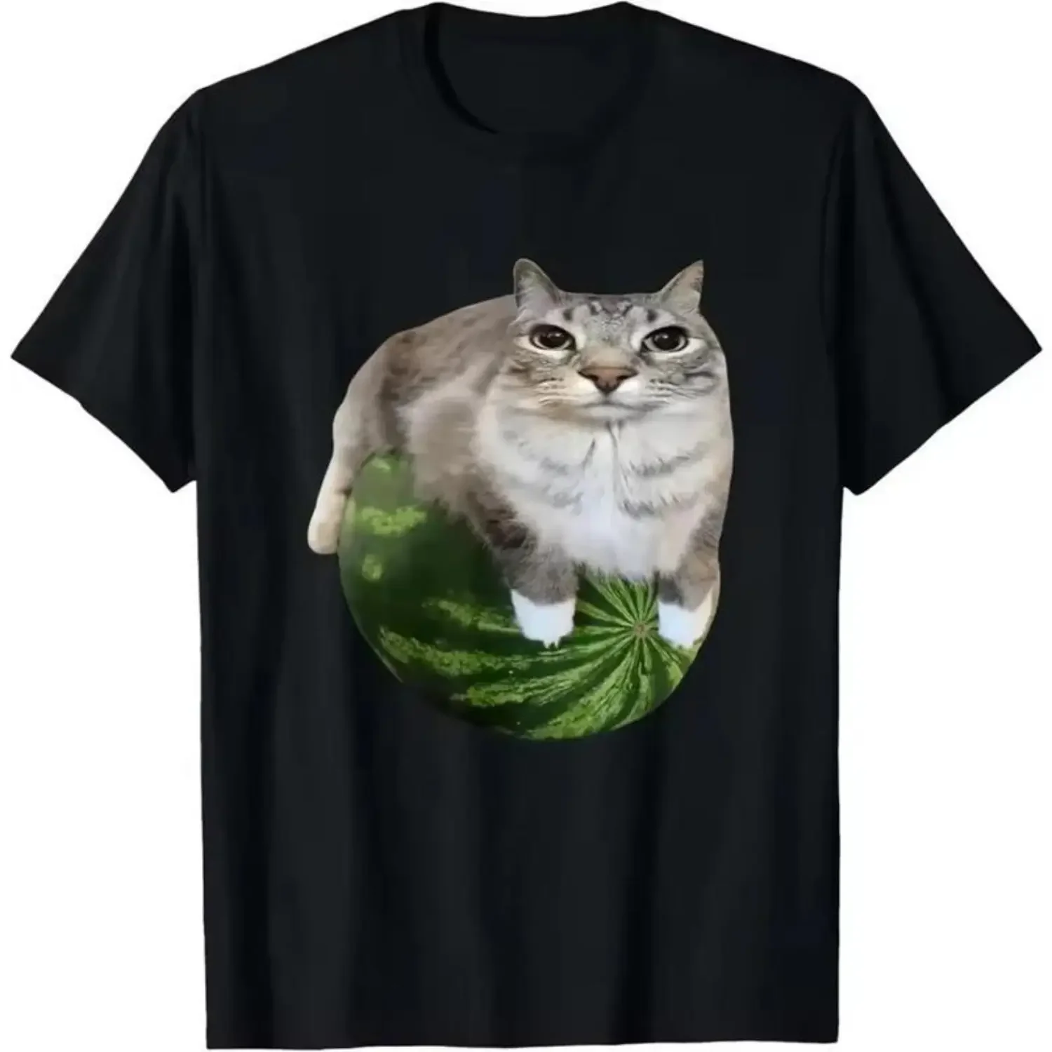 Men's Loose Watermelon Cat Funny T-Shirts Meme Graphic Tee, Round Neck Short-Sleeve Streetwear Menswear Casual Pullover for Daily Hangs