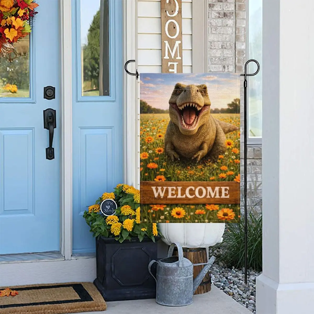 Spring Summer Funny Tyrannosaurus Rex Welcome Garden Flag Flowers Outdoor Cute Animal Yard Flags Double Sided Floral Home Ou MMZ