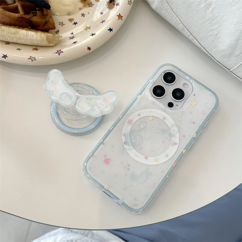 Korean Glitter Color Star Magnetic Phone Case For iPhone 16 Pro 14 15 Pro Max Cover with Cute Wing Stand Holder Shockproof Cases