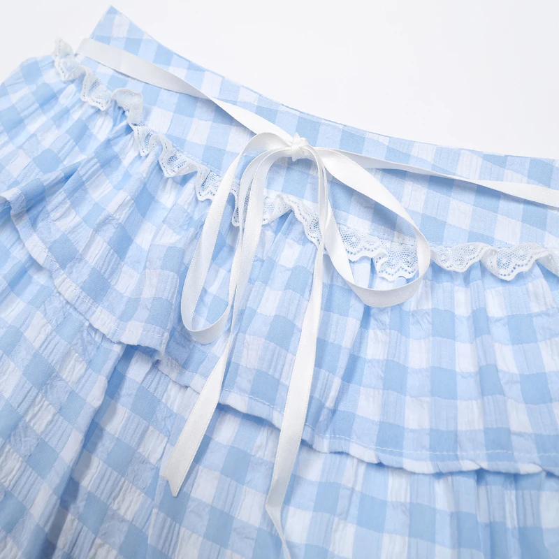 Ballet Style Lace Check Striped Short Skirt Ladies Summer High Waist Slim A Letter Drawstring Skirt Blue