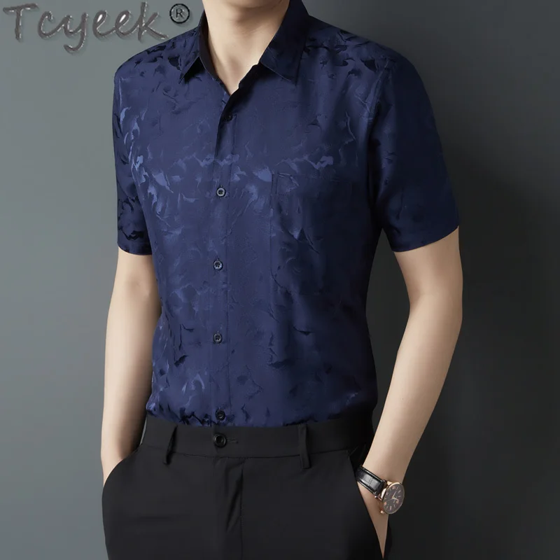 

Tcyeek 100% Mulberry Silk Shirt Men Cool Summer Clothes Fashion Short Sleeve Top Real Silk Mens Shirts Print Chemise Homme 2024