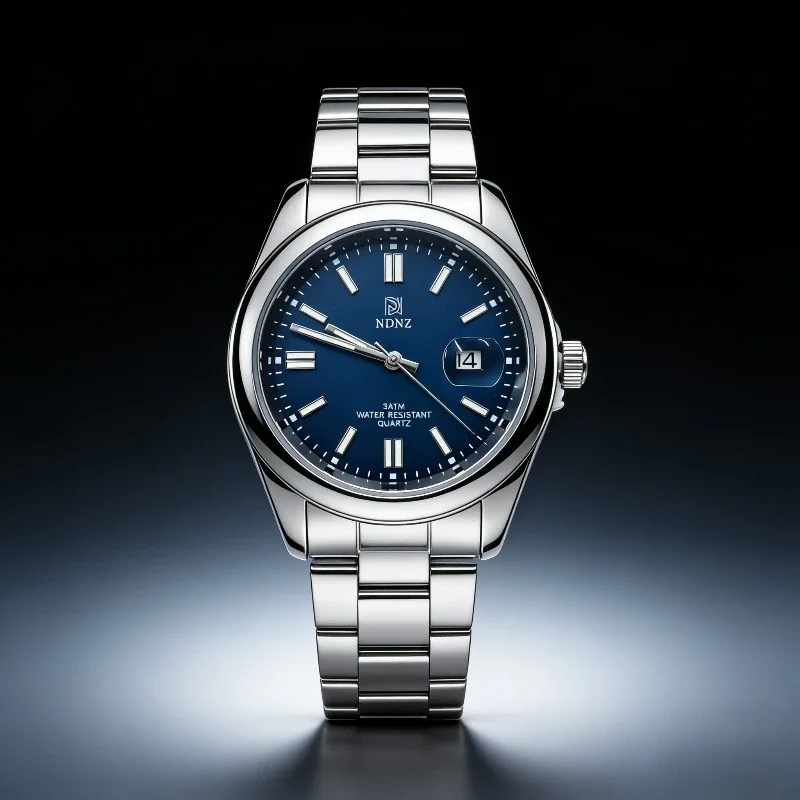 Men's Sky Blue Dial Quartz Watch, 3ATM Waterproof Stainless Steel Band Date Display Business Casual Wristwatch