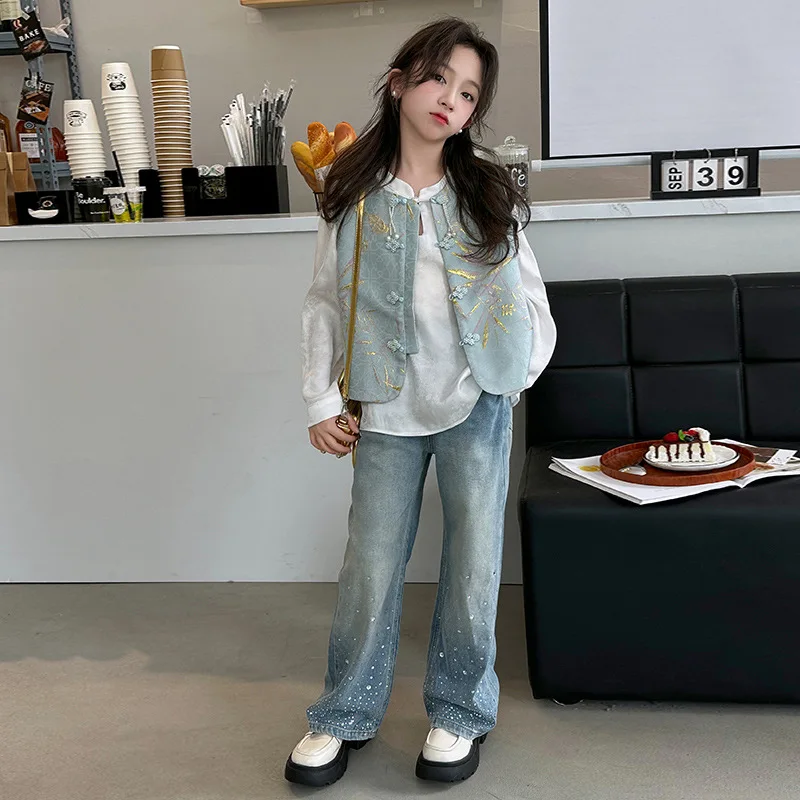 Girls Suits Spring Set 2024 New Chinese Style Plate Buckle Waistcoat Shirt Jeans Three-piece Set Korean Simple Style Children