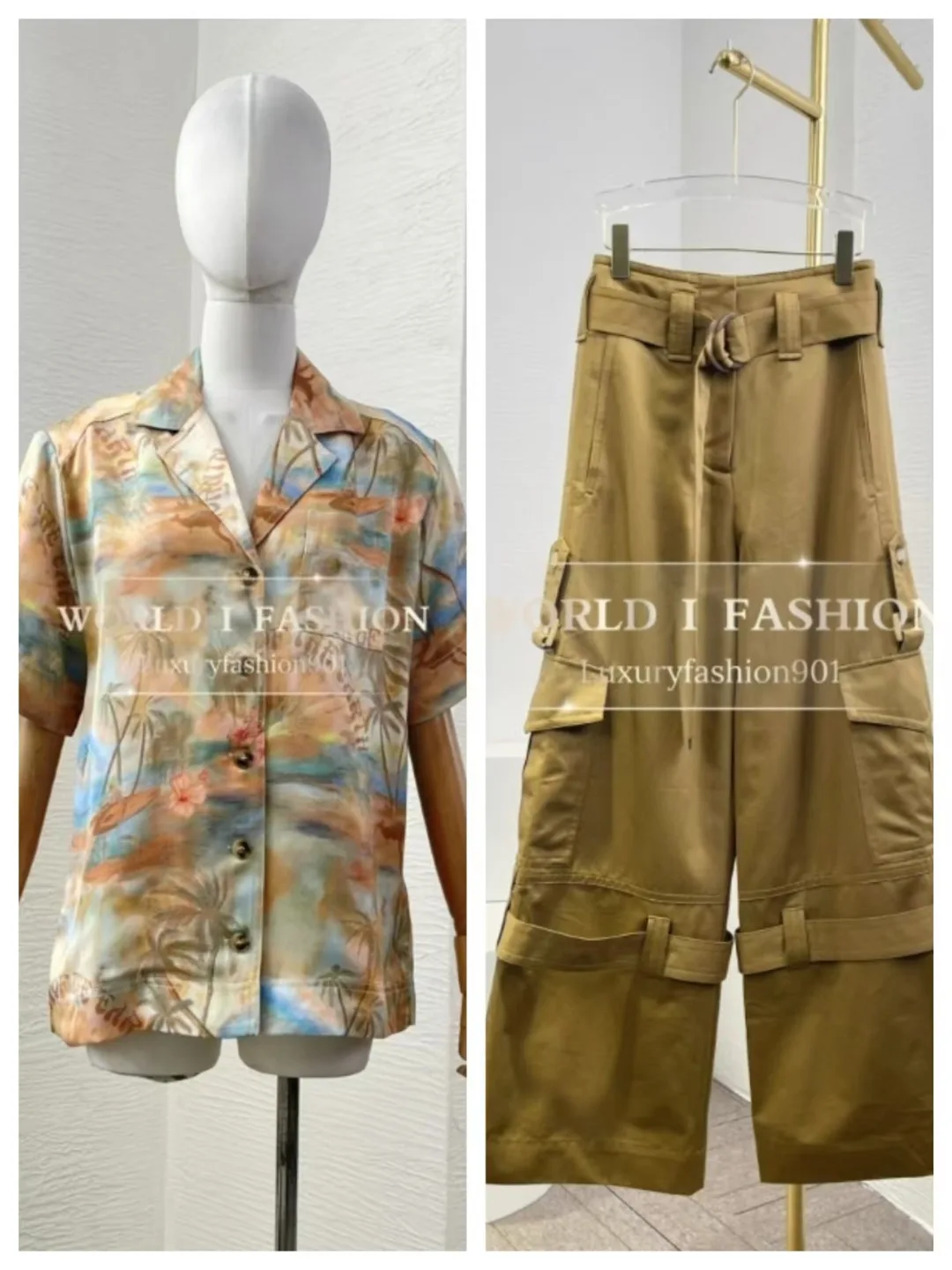 

High Quality Blue Morning Scenery Print Short Sleeve Blouse Tops and Pants Viscose 2025