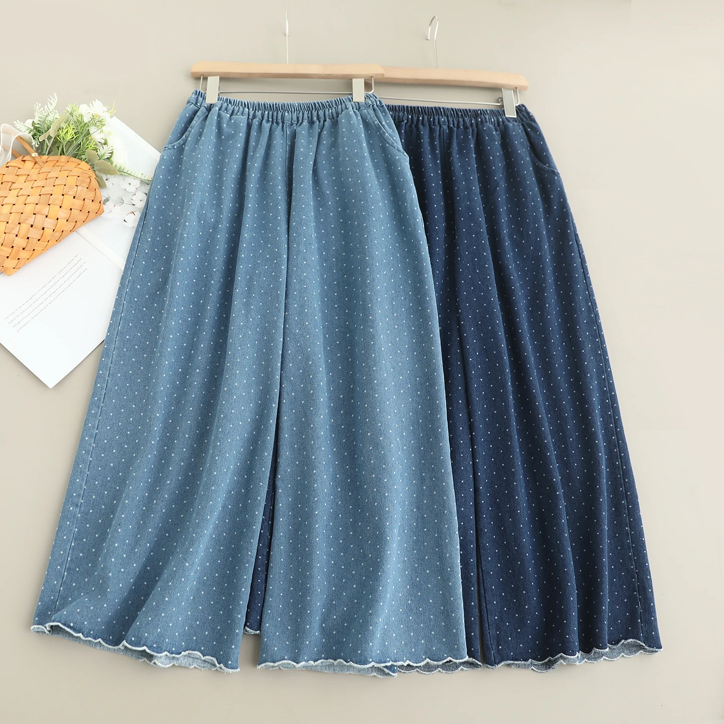 

Женские винтажные джинсовые широкие брюки Mori Girl в горошек, женские осенние новые повседневные свободные прямые джинсы с эластичной резинкой на талии