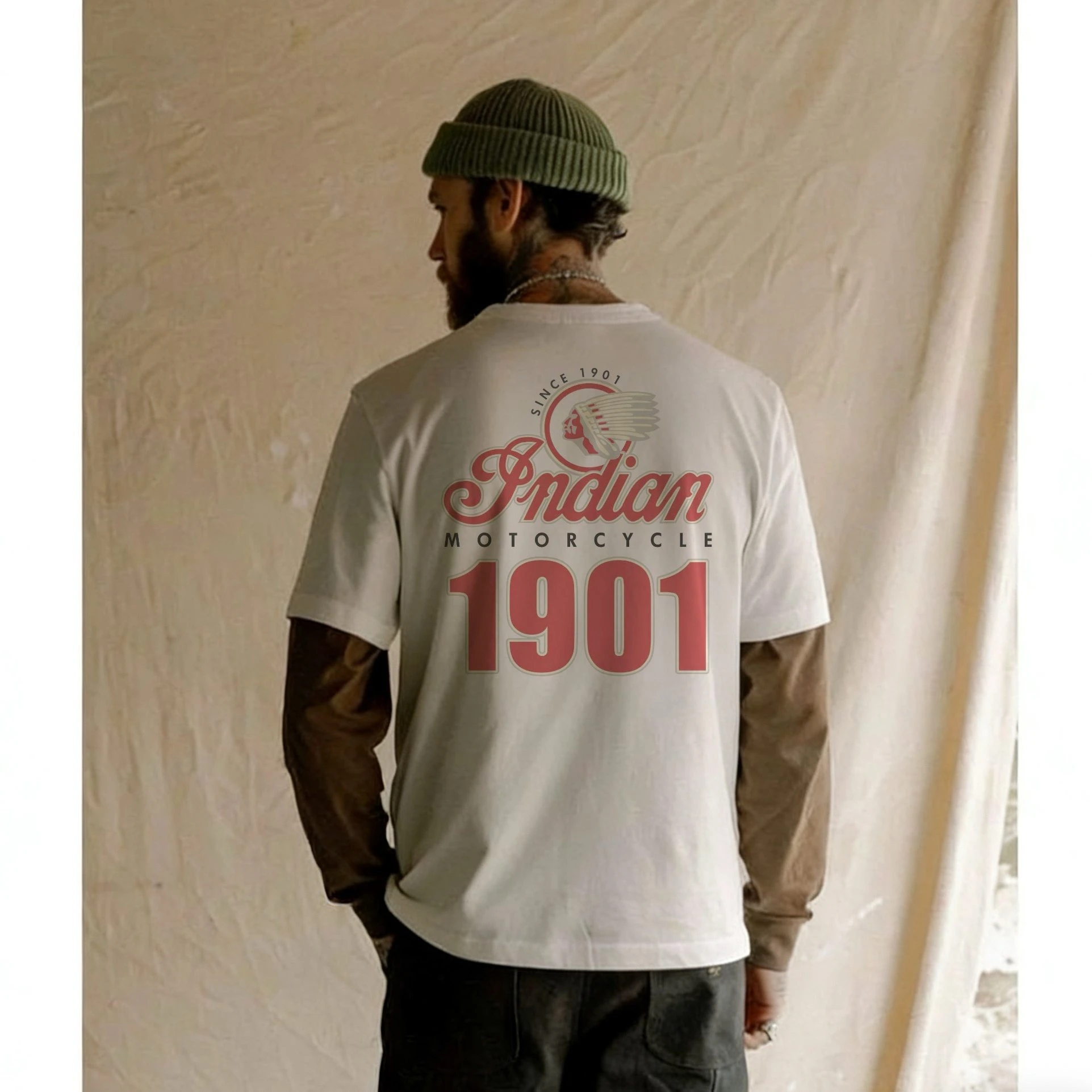 Indian 1901 American Vintage Motorcycle Club Herren- und Damen-T-Shirt mit Rundhalsausschnitt, locker geschnitten, langärmelig, aus Baumwolle – Detail 5