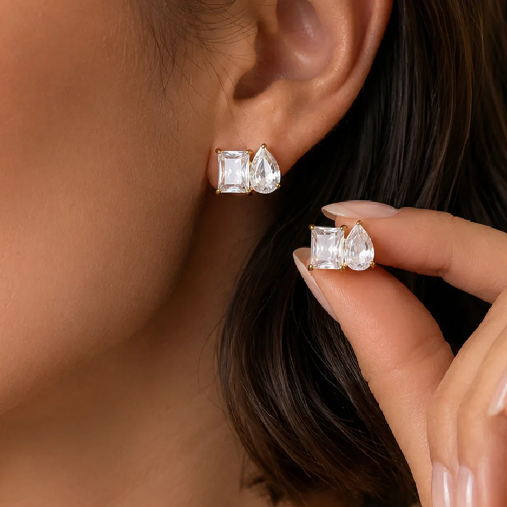

SHIXIN Classic 1 Pair White WaterDrop Square Zircon Earrings Women Exquisite 18K Gold Plated Stainless Steel Ear Wedding Jewelry