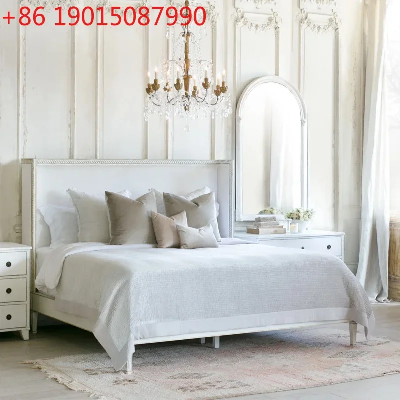 

French retro old solid wood carving flower bed American white old master bedroom wedding bed