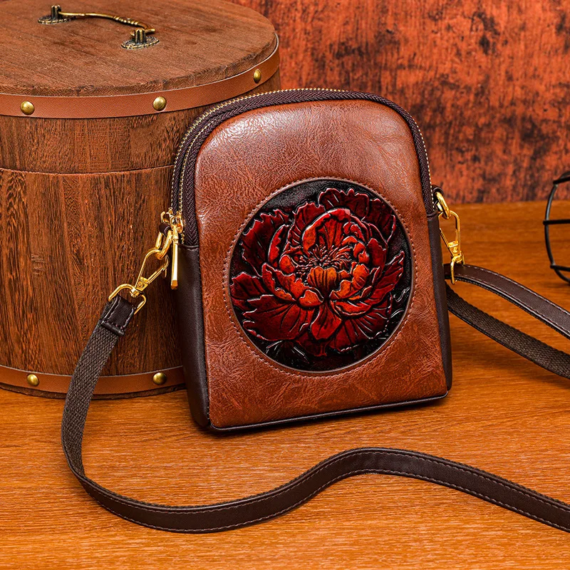 

Retro Peony Flower Embossed Texture Slanting Bag Casual Commuter Single Shoulder Bag Soft Handbag for Women Zipper Closure
