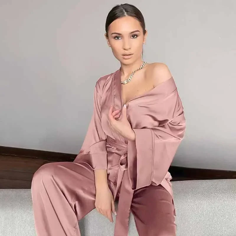 PLUS SIZE luźna satynowa bielizna nocna wiosna lato damski 2 szt. Zestaw piżam odzież codzienna seksowny kardigan z dekoltem w serek garnitury do spodni odzież domowa