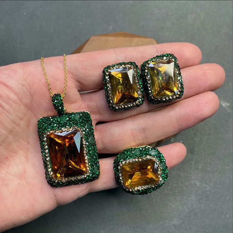 

1set brown quartz flat oval square drop green zircon pendant necklace earrings RING