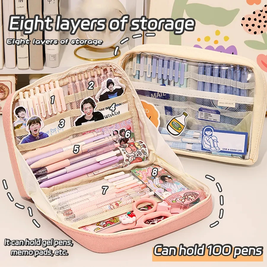 Large Capacity Pencil Bag Aesthetic School Girls Pink Canvas Pencil Box Stationery Pen Case Zipper Pencil Pouch School Supplies