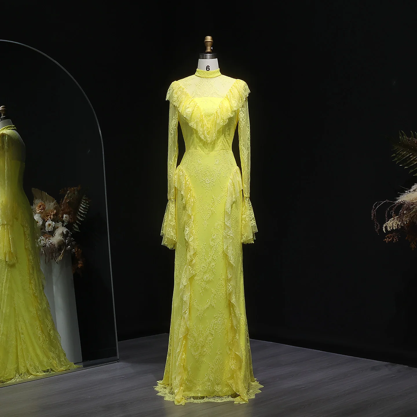 شارون سعيد أنيقة طويلة الأكمام حورية البحر مساء اللباس الأصفر الدانتيل الكشكشة النساء رداء حفلات الزفاف SF063 مخصص