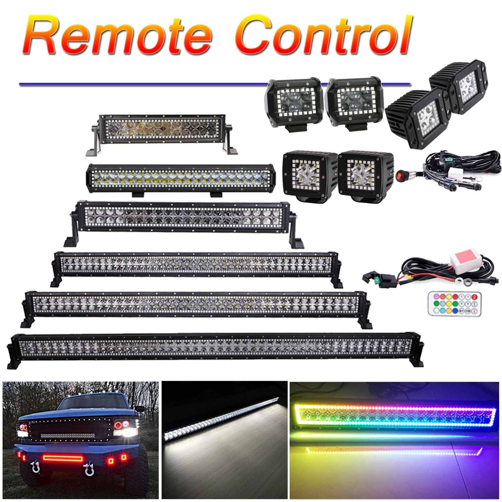 3 4 14 20 22 32 42 50 50 Inch Led Work Light Bar Pods with RGB Chasing Halo Multi-Color Change Remote for Off-road ATV SUV Truck