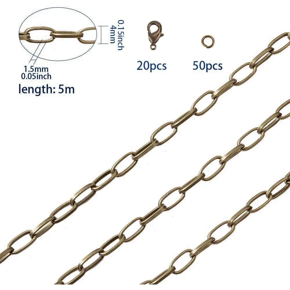 16.4 أقدام/5 متر العتيقة برونزية كبح كابل سلسلة ربط قلادة مشبك ورق سلسلة كبيرة 20 قطعة النحاس جراد البحر مخلب المشابك 50 قطعة النحاس