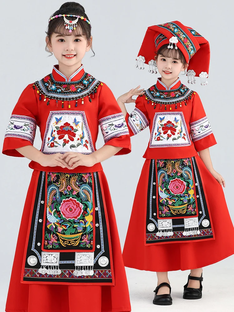 

New 2026 Children's Zhuang Ethnic Clothing March Tee Guangxi Long Skirt Girls' Minori Clothes for Kindergarten TJK24402