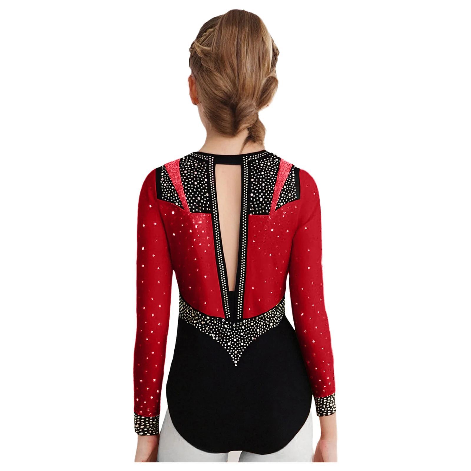 สาว Sparkly Rhinestones จังหวะยิมนาสติก Leotards แขนยาว Dancewear สเก็ตลีลา STAGE เครื่องแต่งกายประสิทธิภาพ