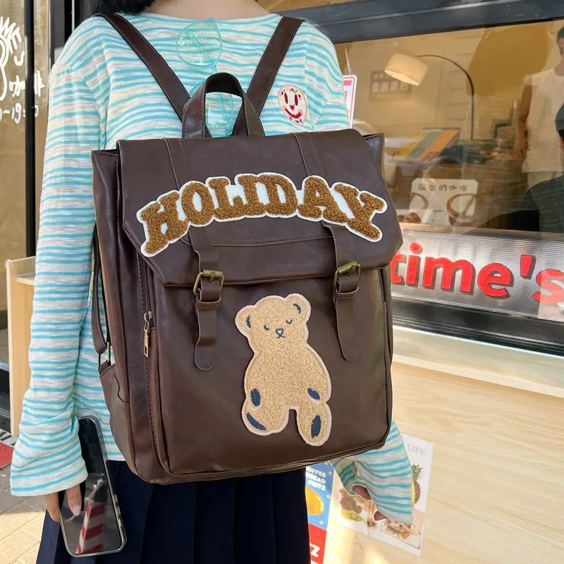 

Women's Fashion Cute Bear Letter Backpack Girls Trendy Luxury Designer Casual School Bag Ladies Vintage Leather Holiday Handbag