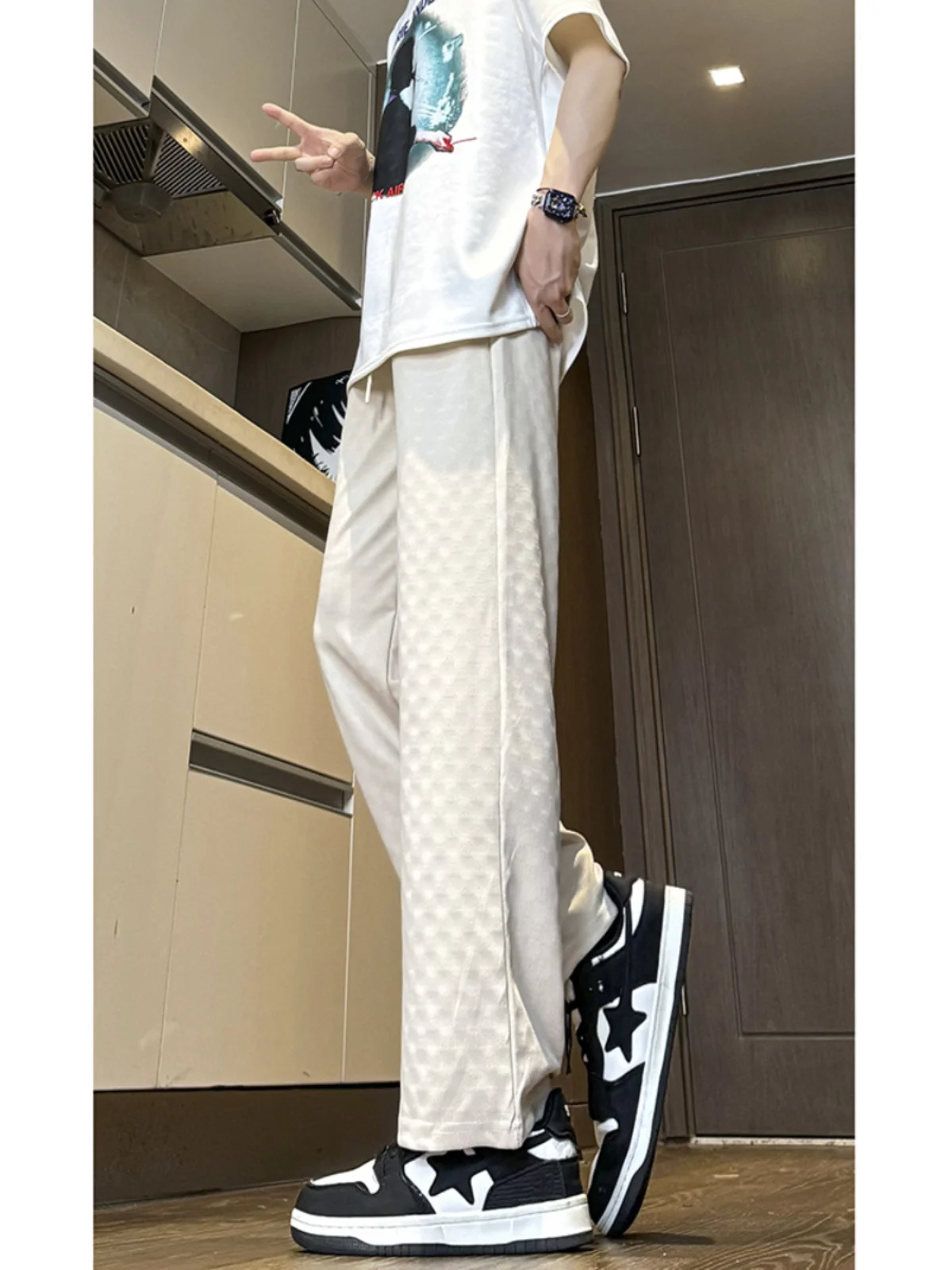 Milk White Drapey Men's Summer American Trendy Brand Textured Straight Leg High End Feeling Haome Elastic Casual Pants