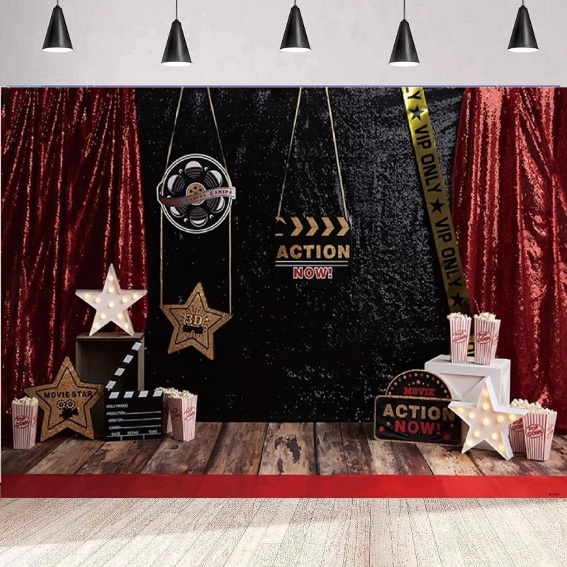 Movie Photography Background Red Carpet Movie Night Show Time Cinema Popcorn Dress-up Awards Party Backdrop Wall Banner Poster