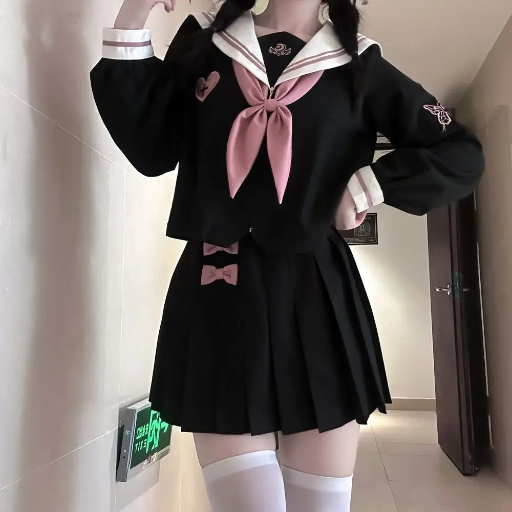 Summer Japanese Fashion Pink Black Love Bow Jk Uniform Top Student Pleated Skirt Women Y2k Sweet Sailor Suit Cosplay Uniform