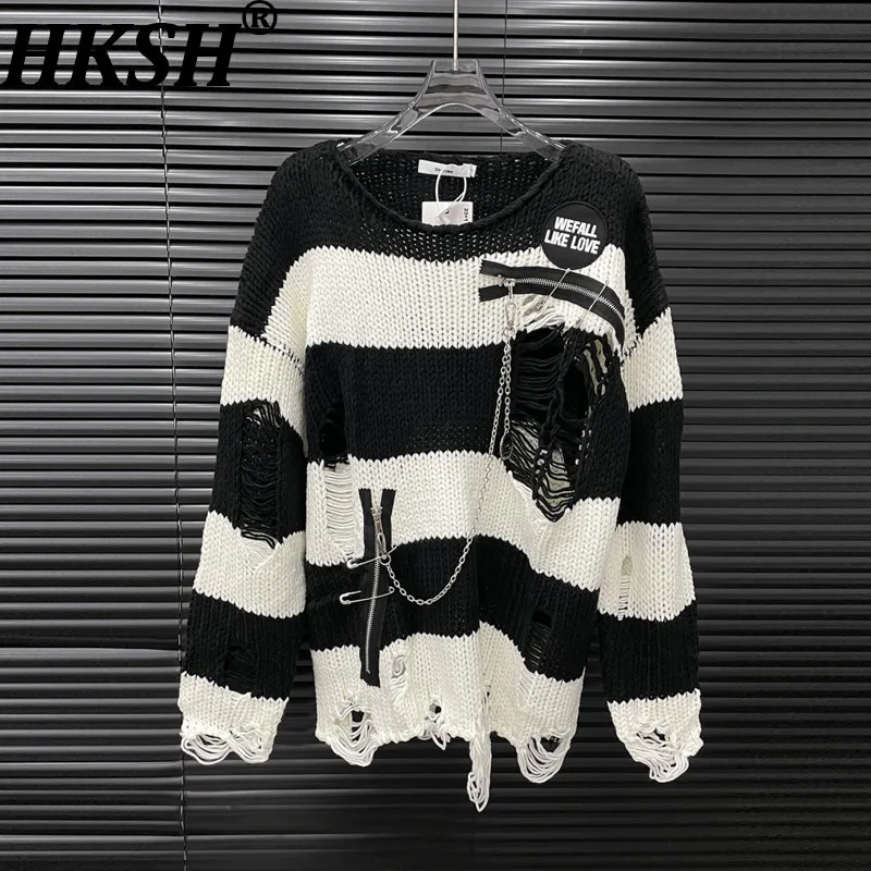 

HKSH Autumn New Women Tide French Niche Fashion Striped Knitted Sweater Ins Distressed Irregular Chic Ins Pullover Tops HK10379