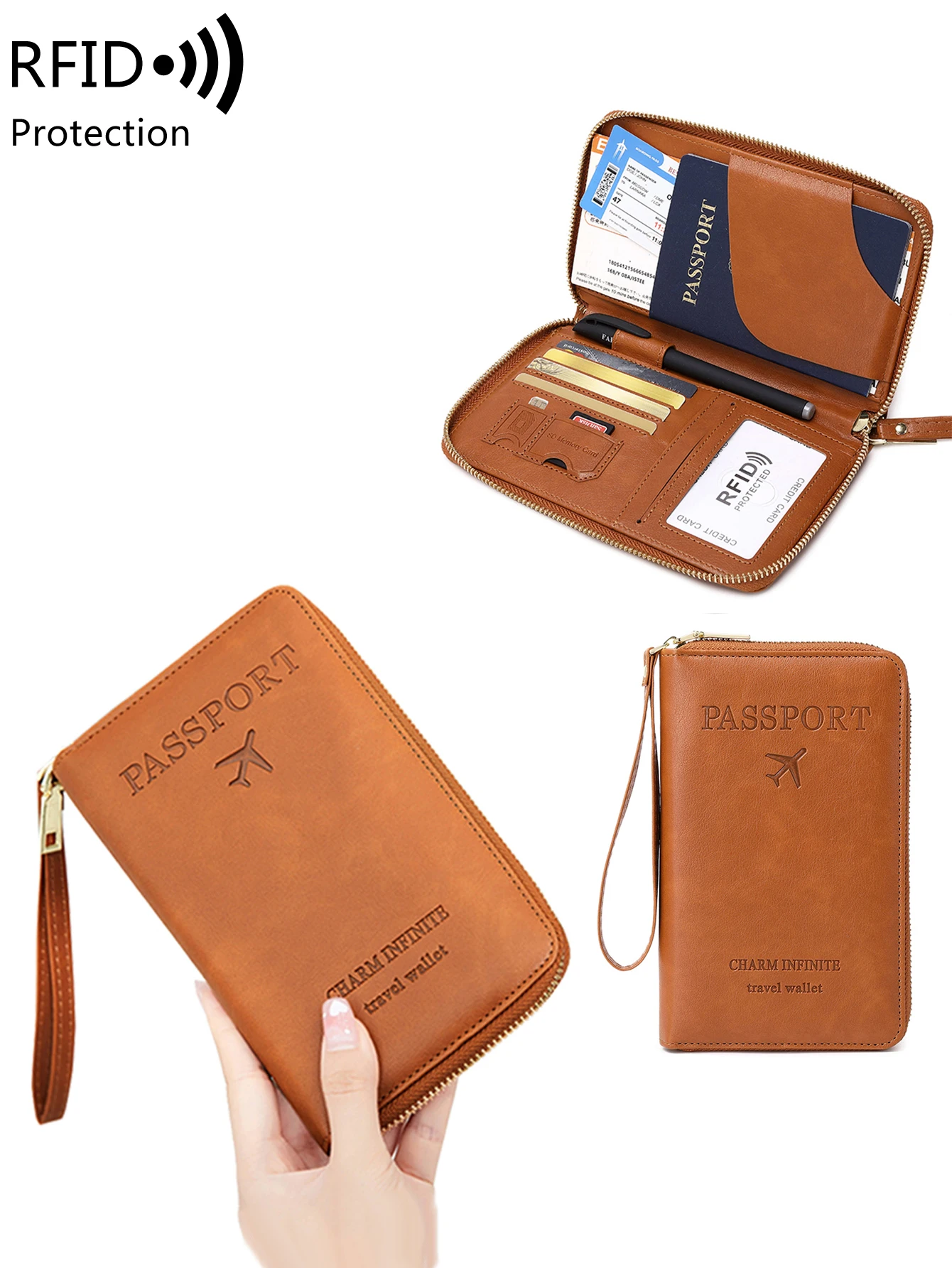 RFID long passport clip PU portable creative airplane passport bag multifunctional zipper travel passport wallet with wristband