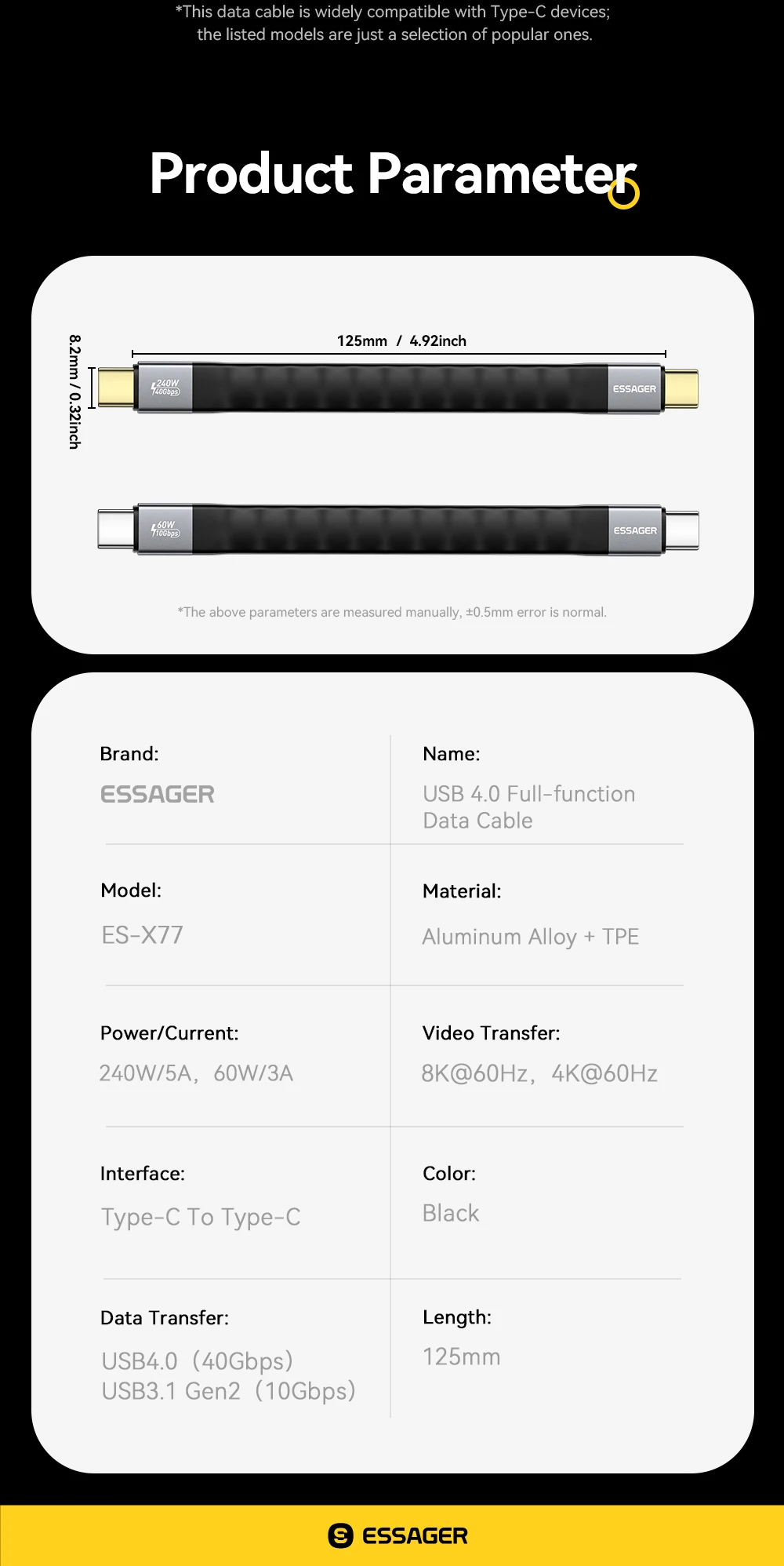 Essager USB 4.0 Typ-C-Kabel, 40 Gbit/s, Datenübertragung und 8 K bei 60 Hz, Video, 240 W PD, schnelles Aufladen für MacBook, iPhone, Laptop, mobile Festplatte – Detail 13