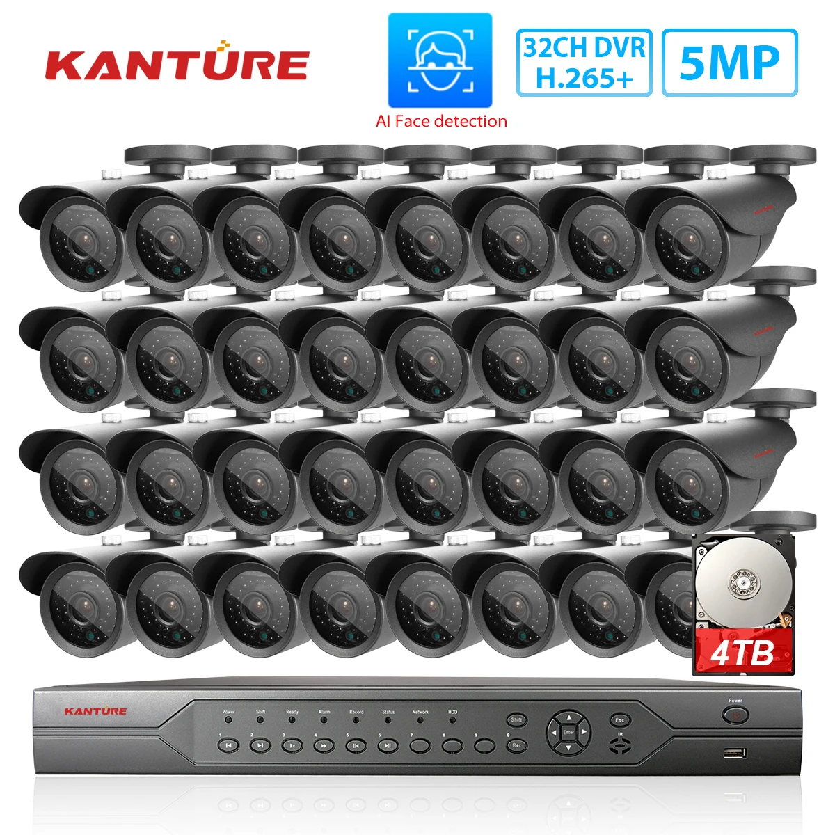 

KANTURE 32CH 5MP-N AHD DVR Kit CCTV Security Camera System 5MP Face Detection Outdoor Waterproof Camera Video Surveillance Kit