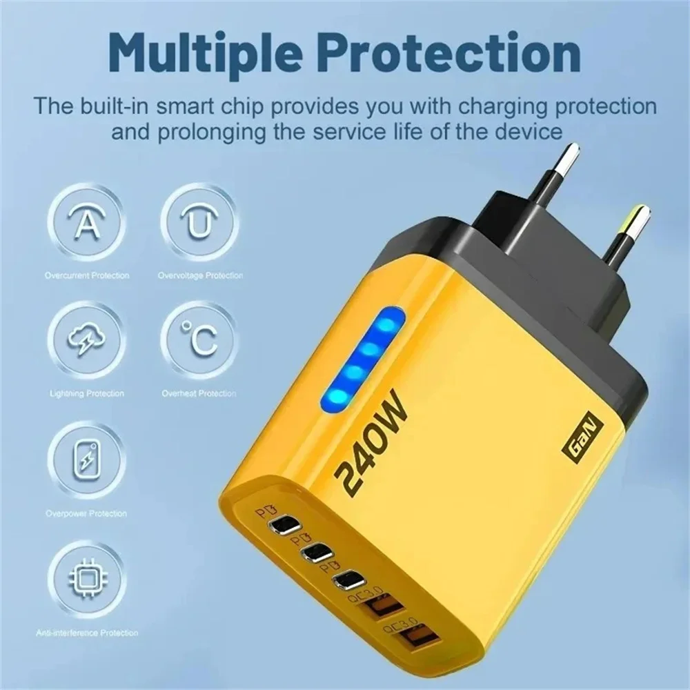 5-Port 240W GaN-Ladegerät USB-C Schnellladegerät PD QC3.0 Typ-C USB EU UK US Stecker-Ladegerät für iPhone Samsung Xiaomi Huawei – Detail 4