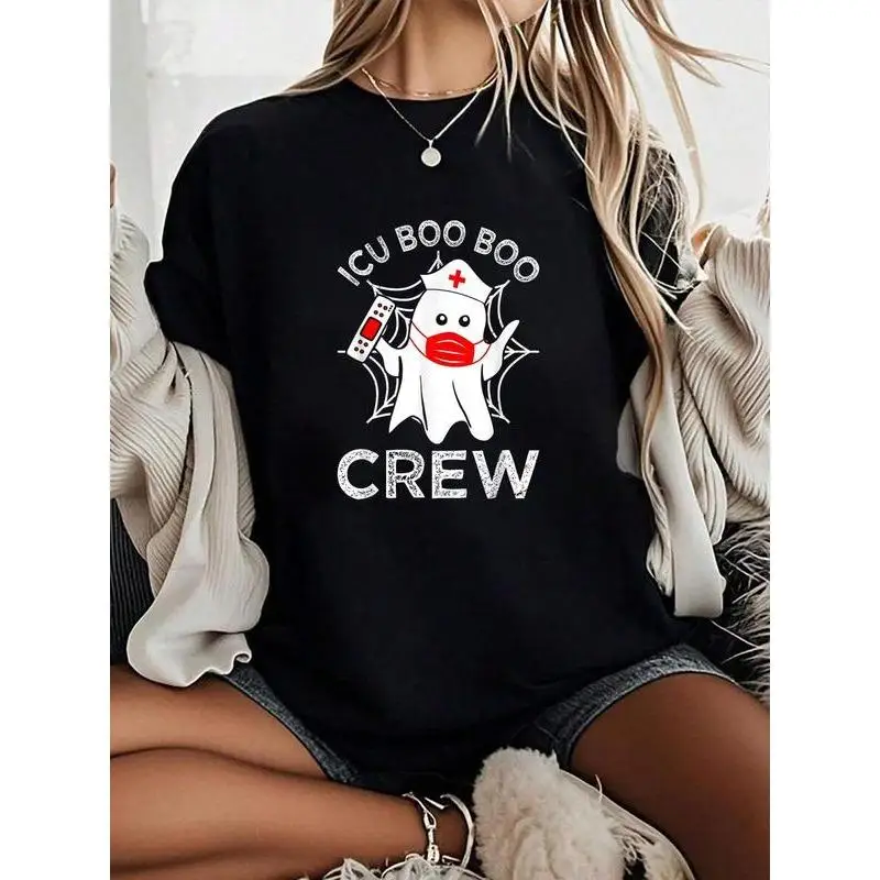 

Funny ICU Boo Boo Crew T-shirt for Women Nurse Ghost Graphic Tee Halloween Spooky Slogan Top Cute Medical Field Gift