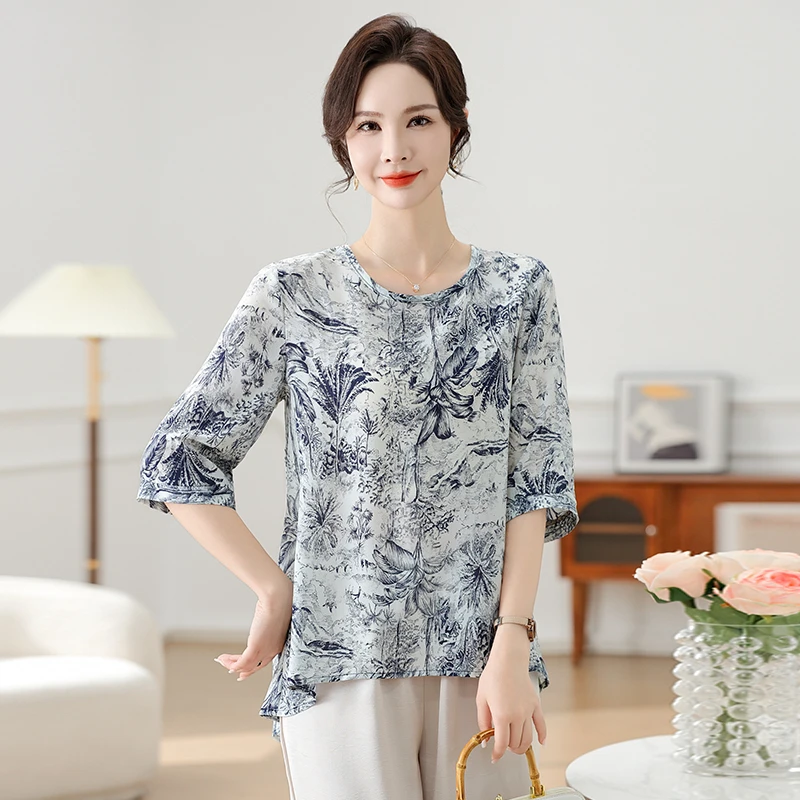 Fashion Vintage Printing Chiffon Shirt Summer Casual O-Neck Short Sleeve Retro Loose Pullovers Blouse Women's Clothing