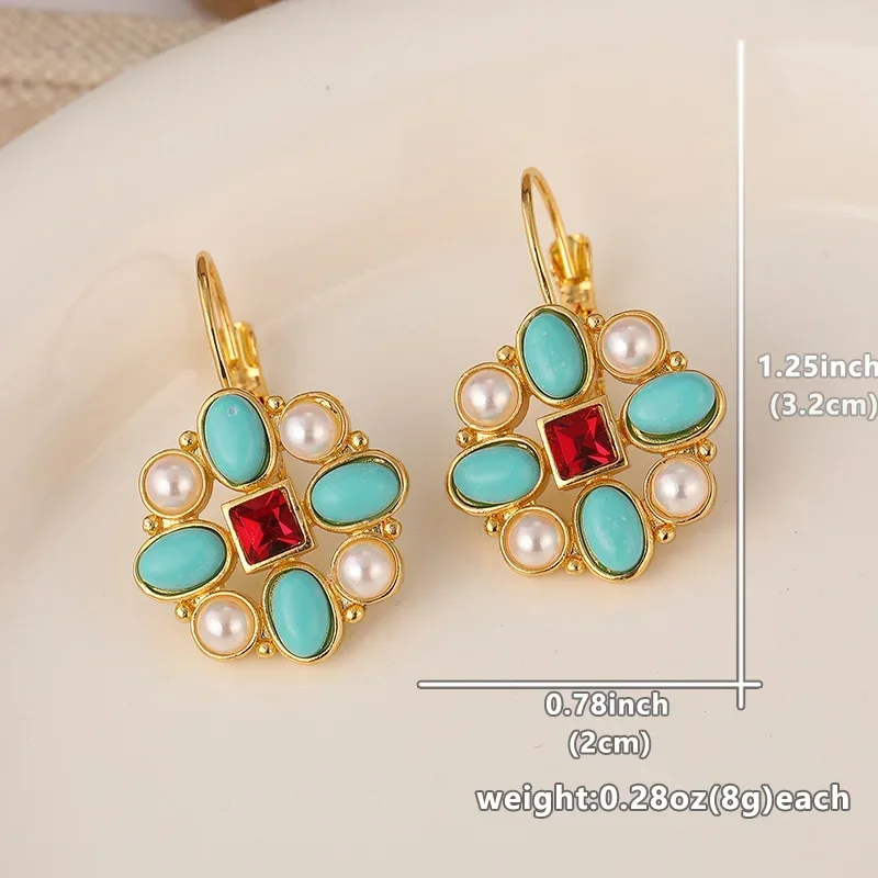 Creative Ethnic Style Imitation Turquoise Earring Party Handmade Jewelry Gift Vintage Court Gold Color Ornate Earrings for Women