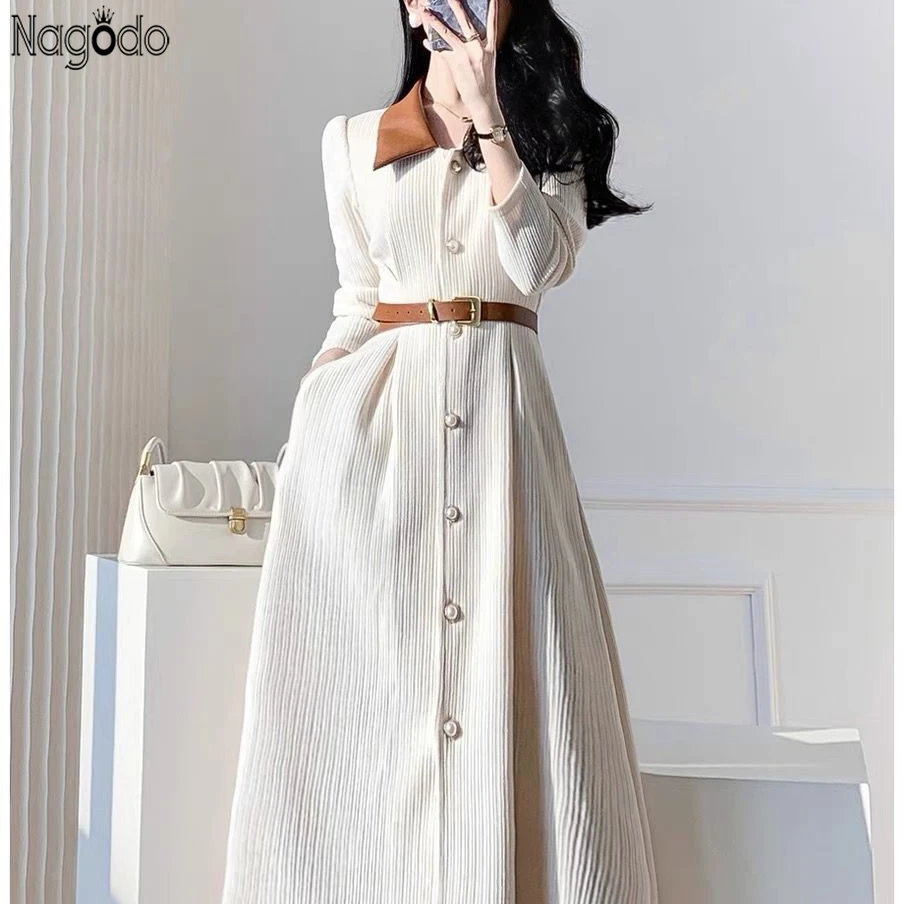 

Spring Autumn New French Slim Long Sleeved Dress With Belt Pocket Women's Polo Neck Button Simple A-line Dresses Y2k Maxi Dress