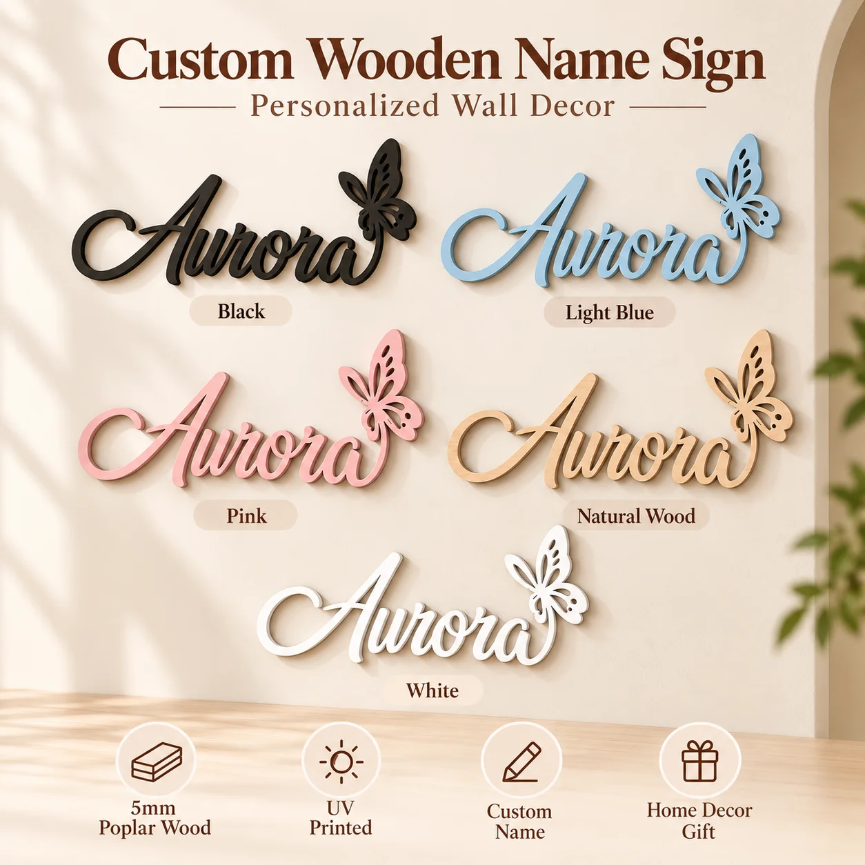 Custom Wooden Name Sign Personalized 3D Wall Decor Butterfly Custom Family Name Plaque Bedroom Wedding Home Decoration Birthday