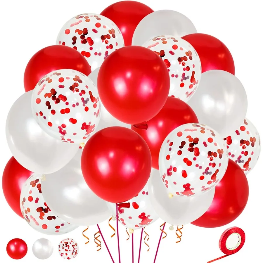 Globos de látex blanco y rojo perla, globo de confeti rojo de 12 pulgadas para cumpleaños, boda, Navidad, novia, decoraciones para fiesta de bienvenida de bebé, 50 Uds.